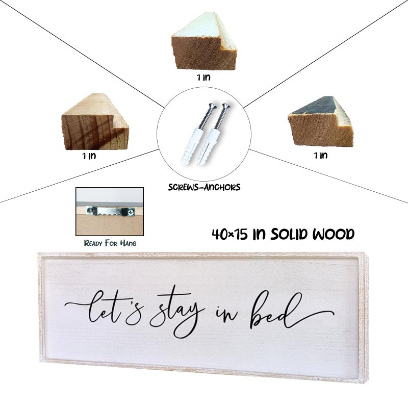 Surfapans Lets Stay In Bed Wall Decor 40â€X15â€ Large Farmhouse Master Room Above Over Bed Rustic Guest Room Sign Beautiful And Simple Plaque Hanging Wall Art Decoration (White) - Image 2