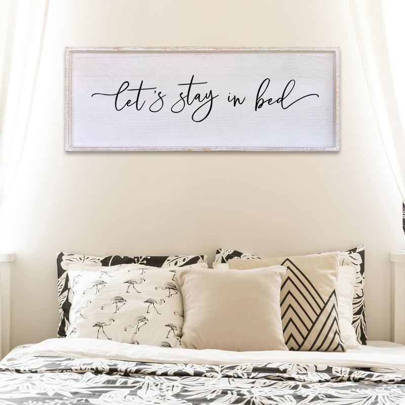 Surfapans Lets Stay In Bed Wall Decor 40â€X15â€ Large Farmhouse Master Room Above Over Bed Rustic Guest Room Sign Beautiful And Simple Plaque Hanging Wall Art Decoration (White) - Image 1