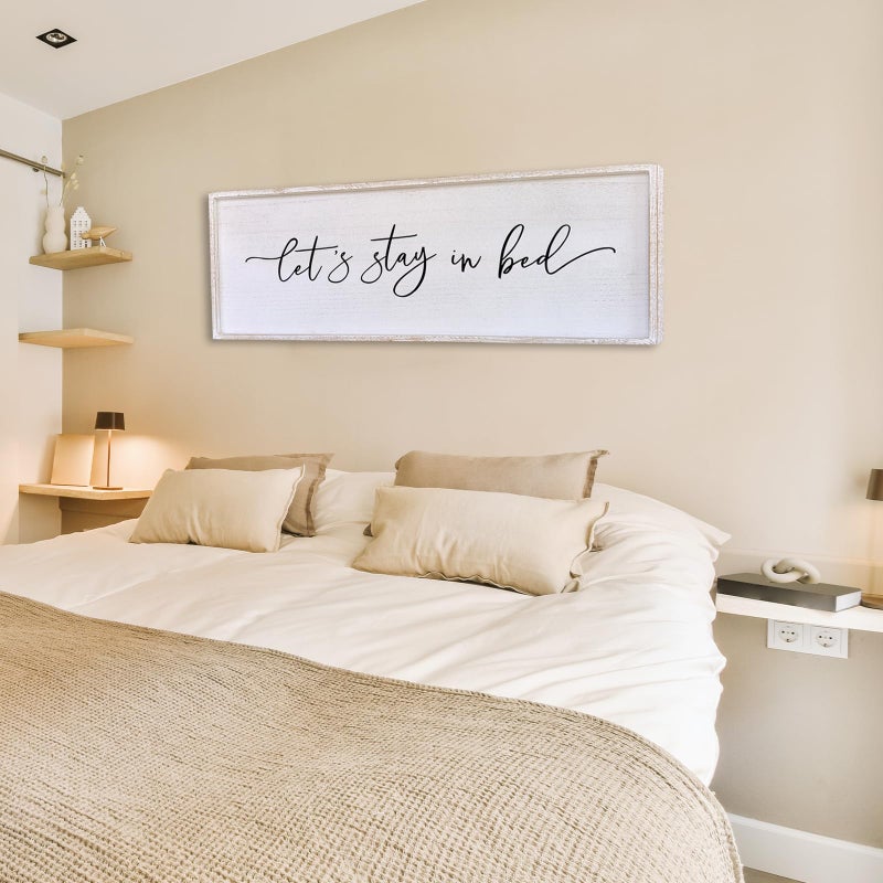 Surfapans Lets Stay In Bed Wall Decor 40â€X15â€ Large Farmhouse Master Room Above Over Bed Rustic Guest Room Sign Beautiful And Simple Plaque Hanging Wall Art Decoration (White) - Image 3