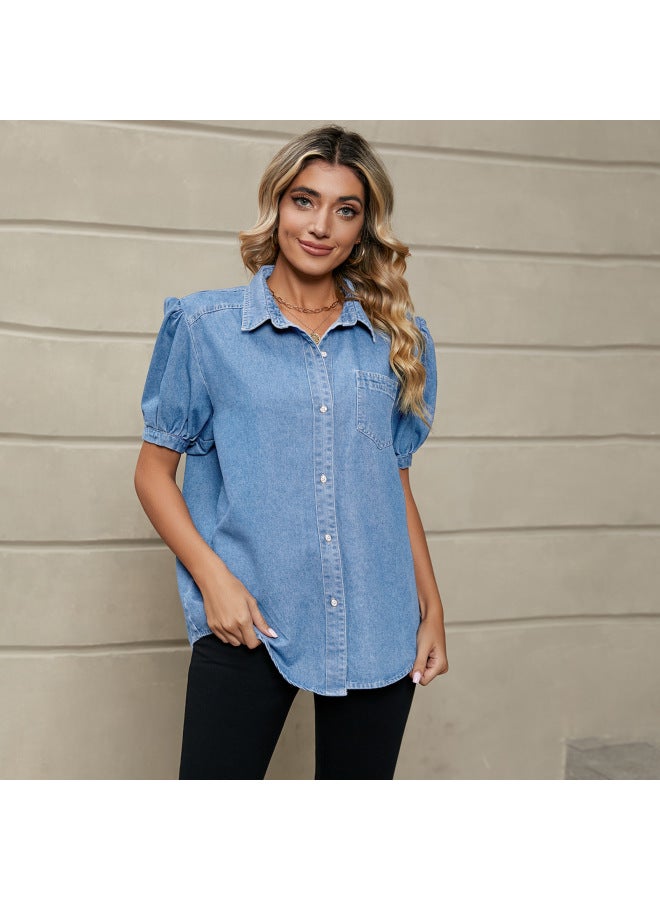 Princess Sleeve Denim Shirt – Lapel, Lightweight, Casual