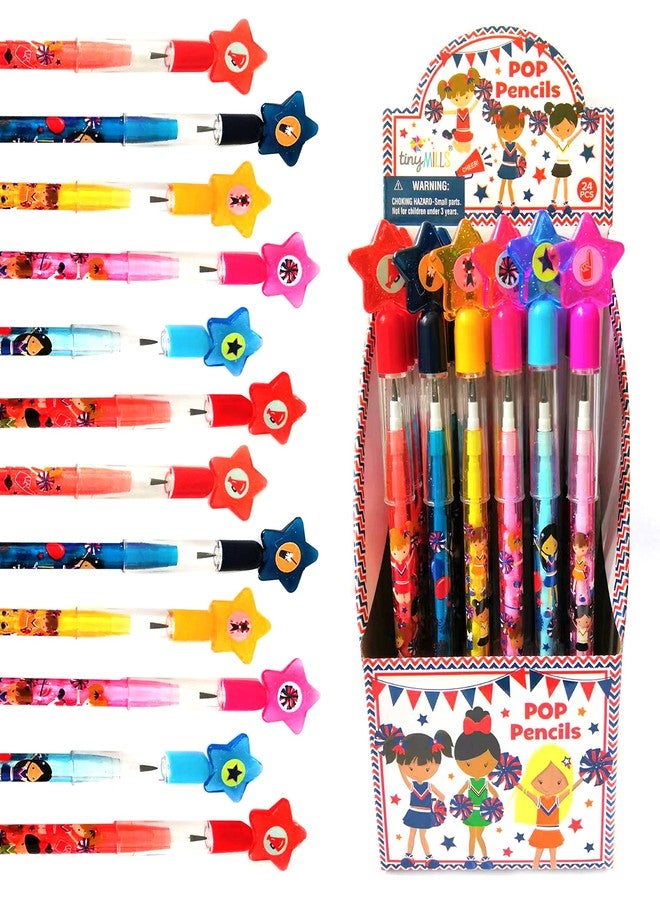 TINYMILLS 24 Pcs Cheerleading Multi Point Stackable Push Pencil Assortment with Eraser for Party Favors Goodie Bag Stuffers VBS Classroom Rewards Pinata Fillers Carnival Prize - Image 1