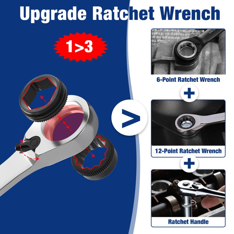 WORKPRO 7-Piece 3-in-1 Reversible Ratchet Wrench Set, SAE 5/16" to 3/4", 6PT &12PT & Open-End Wrenches, 72-Teeth Ratcheting Combination Wrench with Rolling Pouch - Image 3