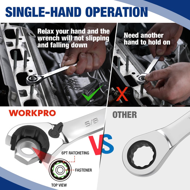 WORKPRO 7-Piece 3-in-1 Reversible Ratchet Wrench Set, SAE 5/16" to 3/4", 6PT &12PT & Open-End Wrenches, 72-Teeth Ratcheting Combination Wrench with Rolling Pouch - Image 4