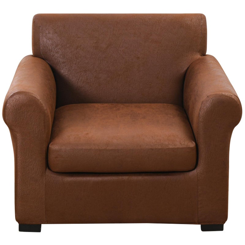 FUANGUI 2 Piece Chair Covers Stretch Arm Covers Chair Couch Covers, Faux Leather Looking Armchair Slipcover with Separate Chair Cushion Cover, Washable Chair Protector for Living Room - Coffee - Image 1