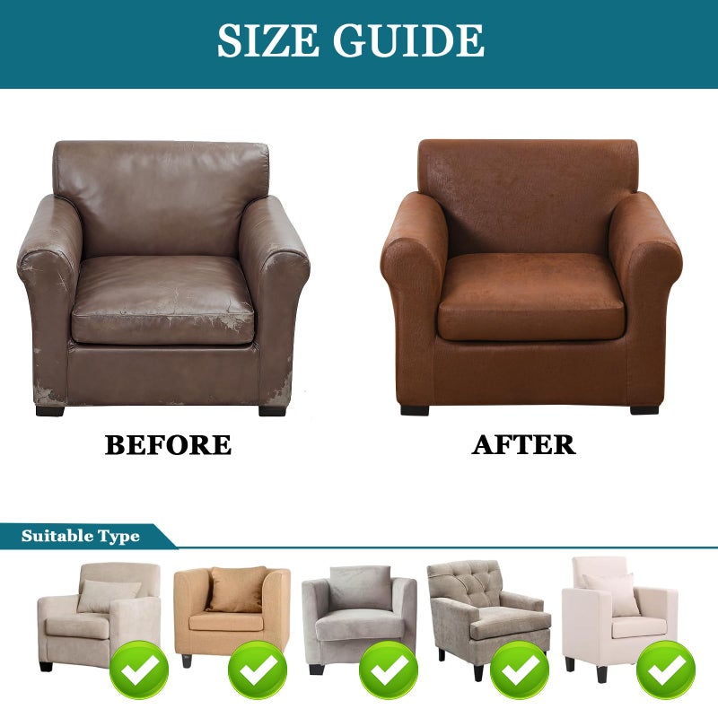 FUANGUI 2 Piece Chair Covers Stretch Arm Covers Chair Couch Covers, Faux Leather Looking Armchair Slipcover with Separate Chair Cushion Cover, Washable Chair Protector for Living Room - Coffee - Image 5