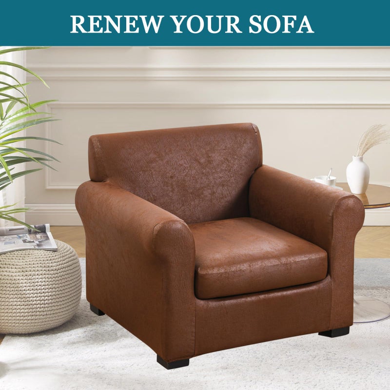 FUANGUI 2 Piece Chair Covers Stretch Arm Covers Chair Couch Covers, Faux Leather Looking Armchair Slipcover with Separate Chair Cushion Cover, Washable Chair Protector for Living Room - Coffee - Image 4