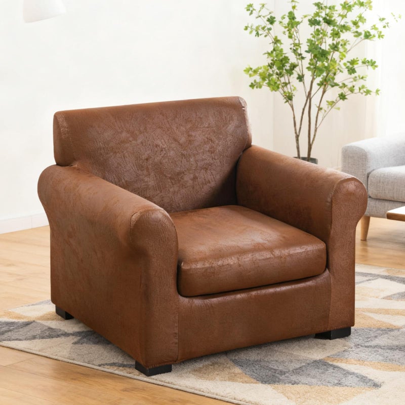 FUANGUI 2 Piece Chair Covers Stretch Arm Covers Chair Couch Covers, Faux Leather Looking Armchair Slipcover with Separate Chair Cushion Cover, Washable Chair Protector for Living Room - Coffee - Image 2