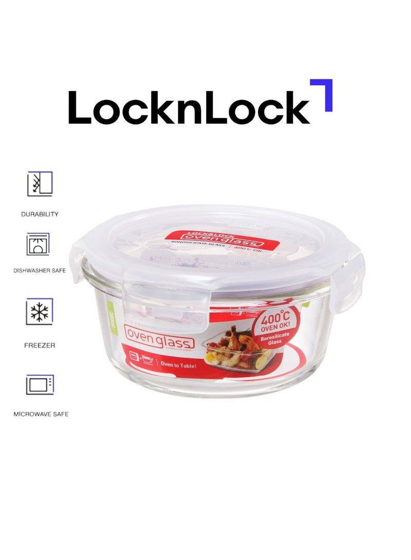 LOCK & LOCK LocknLock Oven Glass Round Food Container 380ml Airtight with 4-Side Locking Lid, Microwave & Oven Safe, Durable Heat-Resistant Glass for Baking, Meal Prep, and Leftovers - Image 1