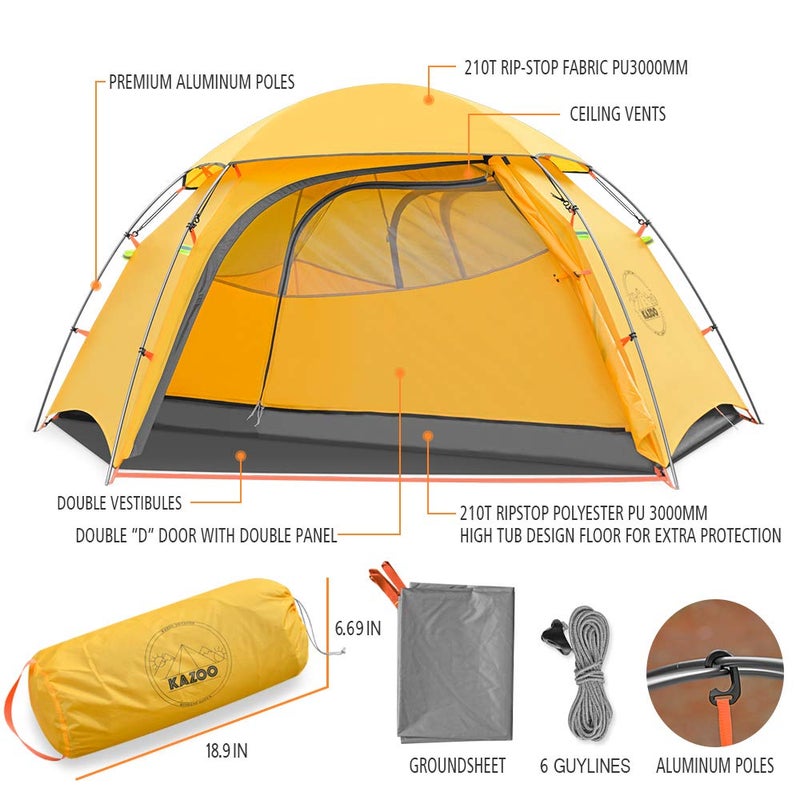 KAZOO Waterproof Backpacking Tent Ultralight 1/2 Person Lightweight Camping Tents 1/2 People Hiking Tents Aluminum Frame Double Layer (2P Yellow) - Image 5