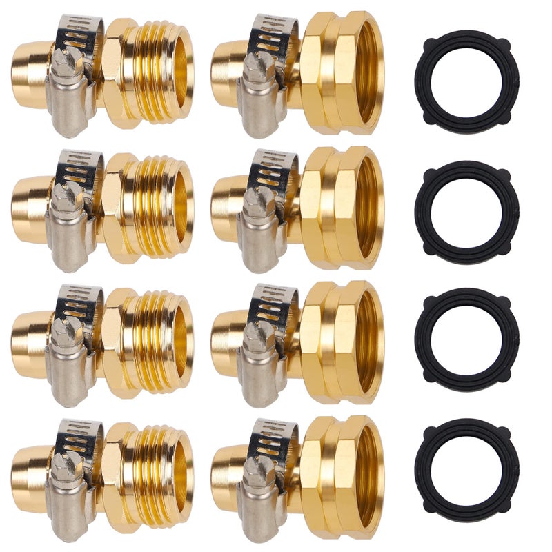 Biswing Garden Hose Repair Connector with Stainless Steel Clamps, 5/8" Barb x 3/4" GHT Thread Aluminum Water Hose Pipe Repair Kit, Female and Male Hose Connectors, 4 Pack - Image 1