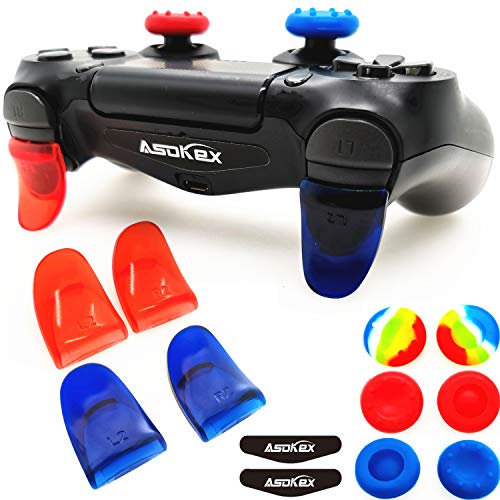 Asokex L2 R2 Triggers Ps4 (2 Pairs Trigger Extender,6Pcs Thumbstick Grips, 2 Pairs LED Light Bar Decal) for Ps4 Dualshock Controller(red&Blue) - Image 1