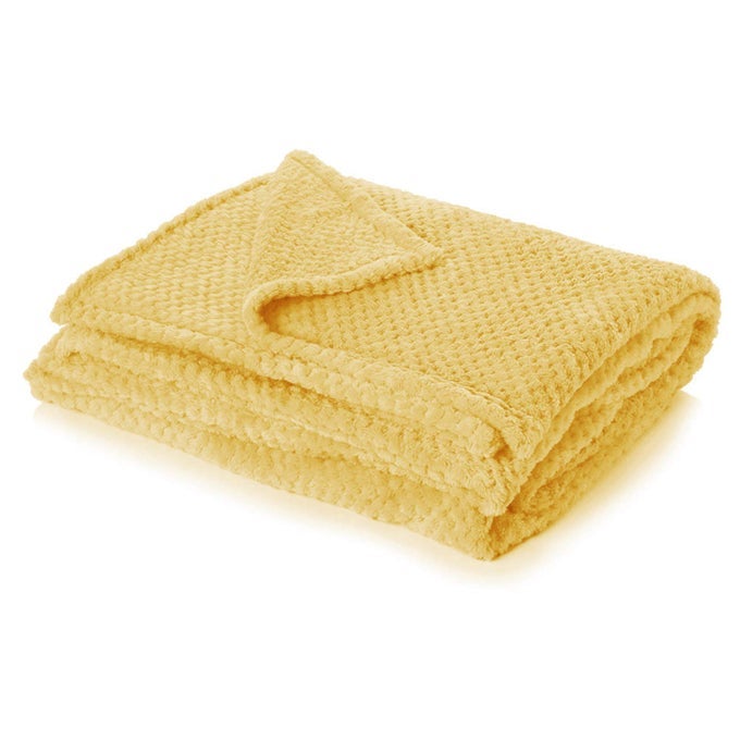 FLUFFY FLEECE THROW BLANKET FOR BED SOFT COSY WARM HONEYCOMB WAFFLE MUSTARD YELLOW THROW FOR SOFA DOUBLE BED THROWS LIGHTWEIGHT FAUX FUR BLANKET 150 X 200CM