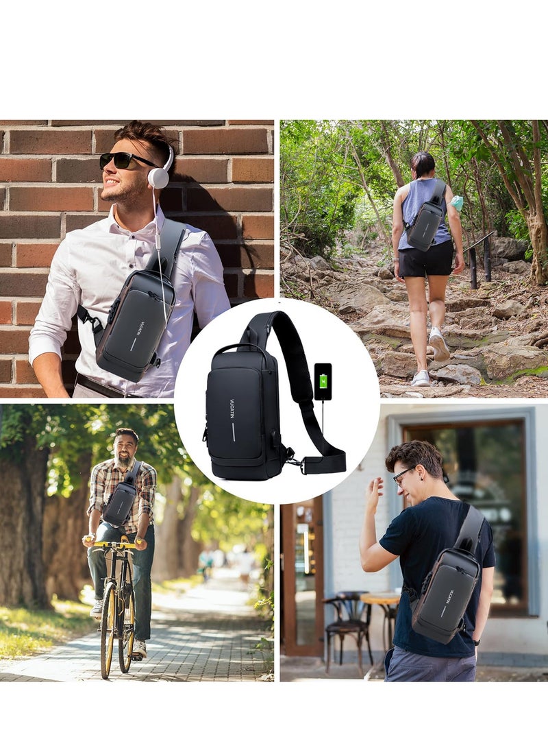 MIXDE Crossbody Sling Bag, Body Chest Shoulder Bag for Men Women Casual Shoulder Backpack Bag, Waterproof Leather Chest Casual Daypack with Usb Charging Port for Travel Hiking  - Image 4