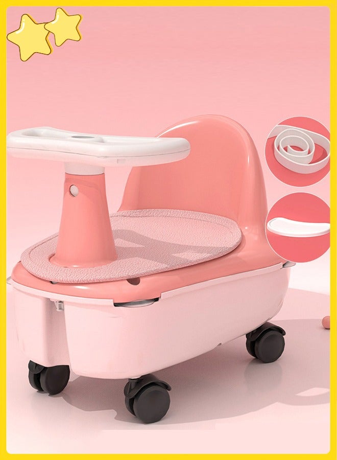 مقعد حوض استحمام للطفل، كرسي بارث للأطفال مع وسادة، هيكل تخزين، عجلات عالمية، حبل جر وصينية استحمام في حوض استحمام وردي - Image 1