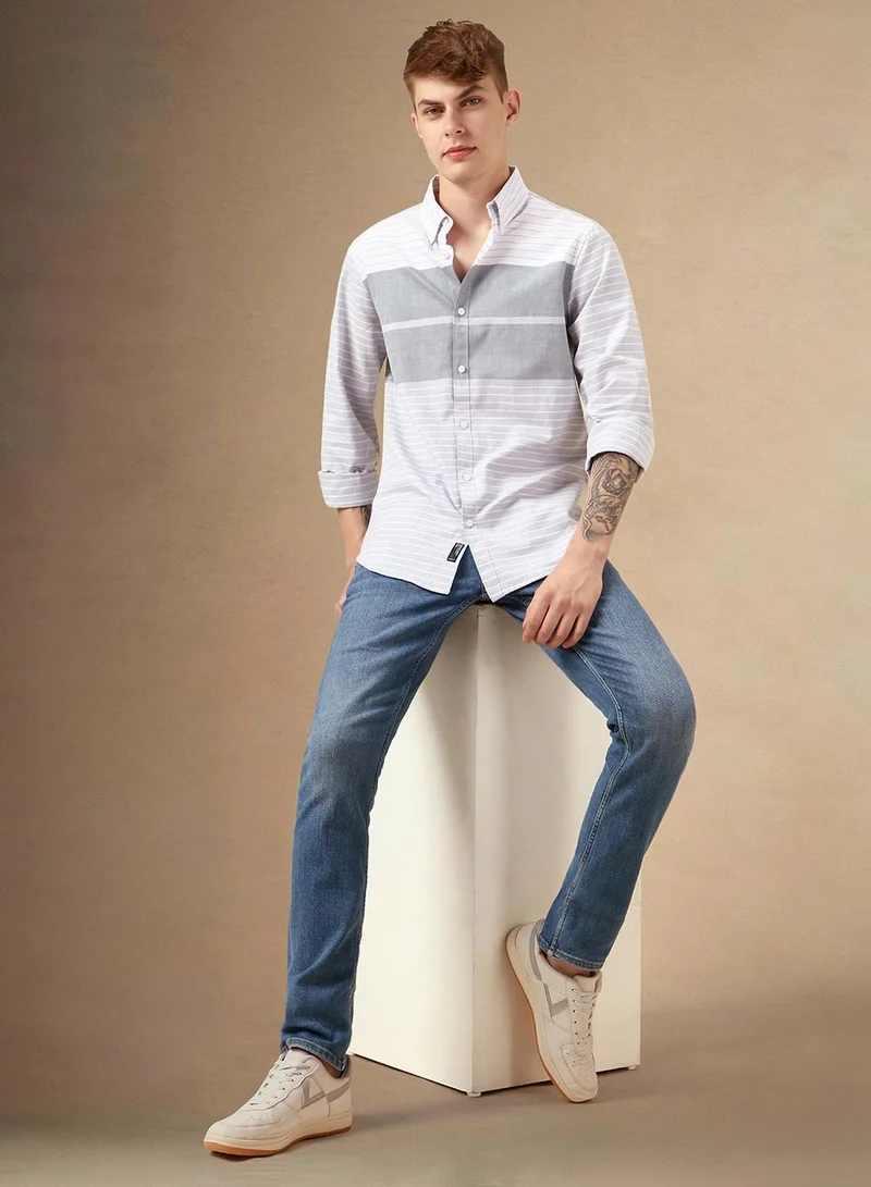 Dennis Lingo Men's Blue 100% Cotton Striped Button Down Shirt