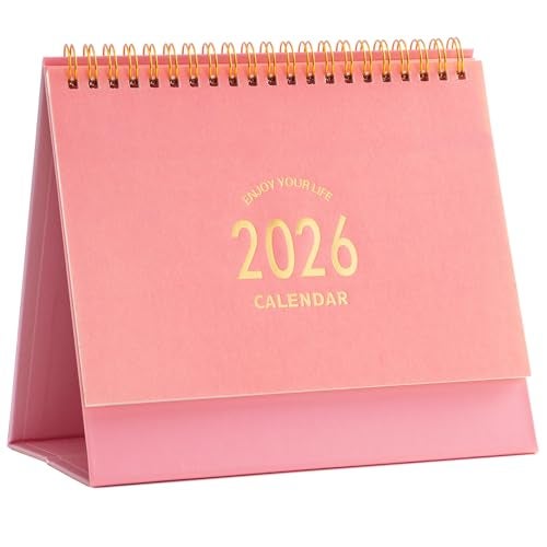 MOOJULY Small Desk Calendar 2026, Standing Flip Desk Calendar Use Now to Dec 2026, with To-do List & Notes, Metal Ring Twin-Wire Binding with Stickers, Monthly Desktop Calendar for Home Office (Pink) - Image 1