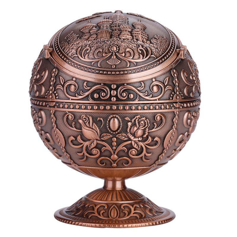 Vintage Art Craft Ashtray Metal Round Ball Stamped Pattern Gift Decoration (Red Bronze) - Image 1