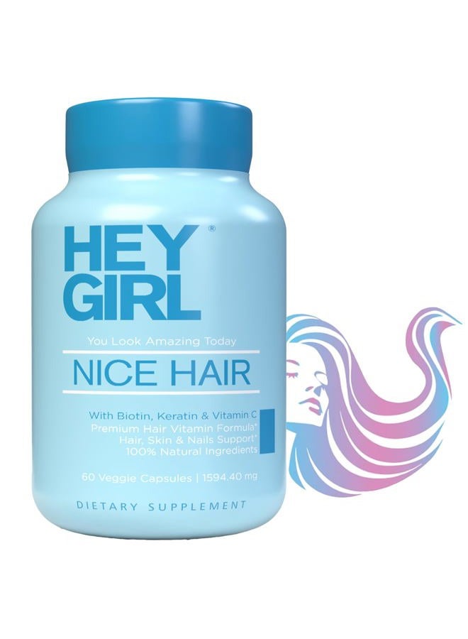 HEY GIRL NUTRITION Hair Vitamins To Help Thinning and Fallout - Hair Supplement To Grow Hair Faster, Stronger & Have Healthy Skin & Nails - Scientifically Made With Biotin, Keratin, Folic Acid, Vitamin B, C, 60 Capsules - Image 1