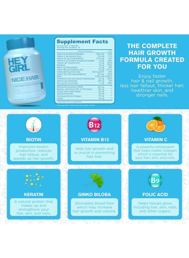 HEY GIRL NUTRITION Hair Vitamins To Help Thinning and Fallout - Hair Supplement To Grow Hair Faster, Stronger & Have Healthy Skin & Nails - Scientifically Made With Biotin, Keratin, Folic Acid, Vitamin B, C, 60 Capsules - Image 4