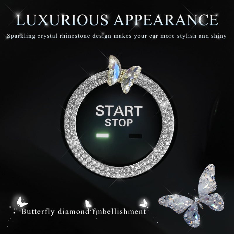 DXNQ Bling Ring Emblem Car Accessories, Sparkling Butterfly Car Buttons and Knobs Ring, Girly Butterfly Diamond Car Engine Start Button Cover, Key Ignition Knob Ring Decoration for Women (White) - Image 4