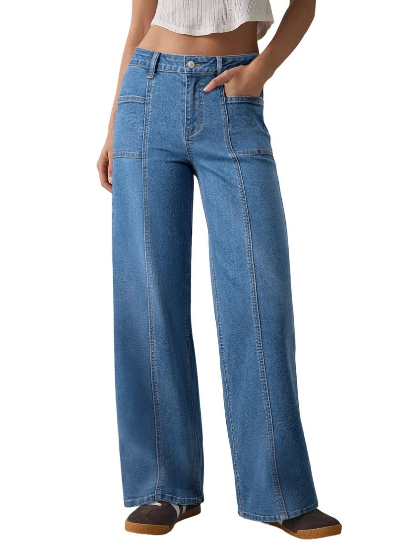 Sidefeel Womens Wide Leg Jeans High Waisted Stretchy Straight Leg Baggy Denim Pants Light Blue Size 10 - Image 1