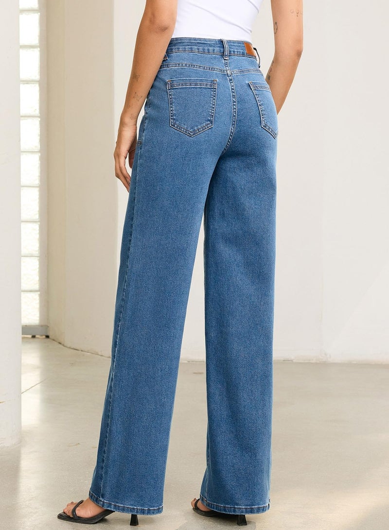 Sidefeel Womens Wide Leg Jeans High Waisted Stretchy Straight Leg Baggy Denim Pants Light Blue Size 10 - Image 2