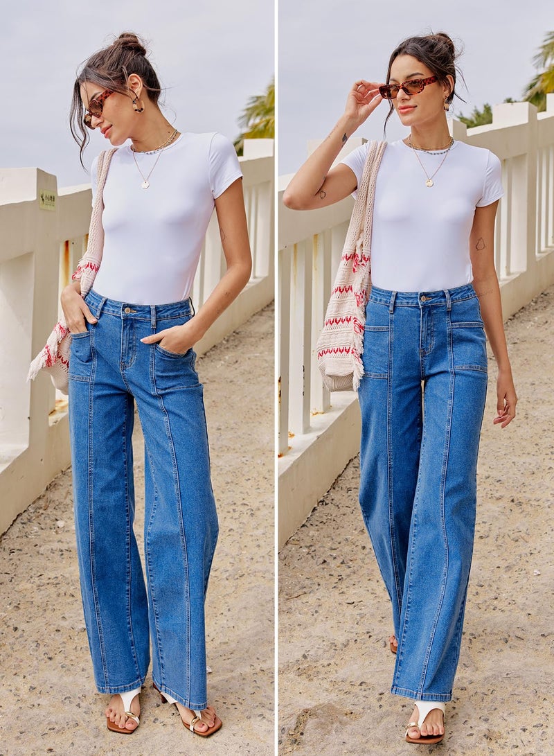 Sidefeel Womens Wide Leg Jeans High Waisted Stretchy Straight Leg Baggy Denim Pants Light Blue Size 10 - Image 5