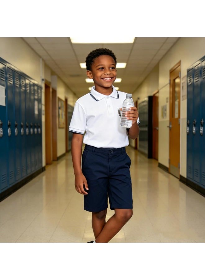 Bienzoe Boys School Uniform Shorts: Kids Cotton Trendy Adjustable Waisted Flat Front Twill Bermuda Navy 10 - Image 2