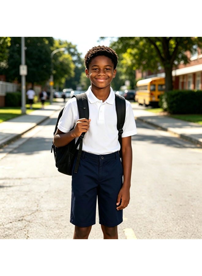 Bienzoe Boys School Uniform Shorts: Kids Cotton Trendy Adjustable Waisted Flat Front Twill Bermuda Navy 10 - Image 3