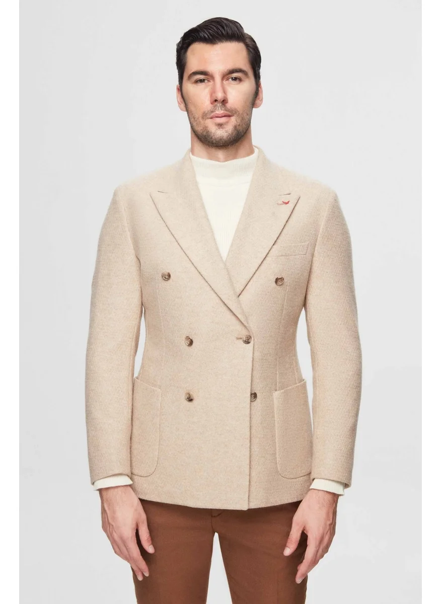 D'S DAMAT Slim Fit Beige Knitted Double Slit Wool Double Breasted Fabric Jacket
