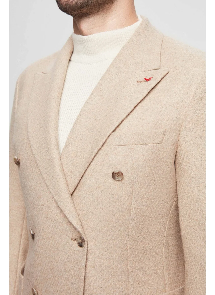 D'S DAMAT Slim Fit Beige Knitted Double Slit Wool Double Breasted Fabric Jacket