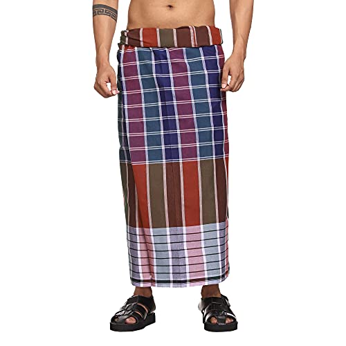 Gowri Tex Cotton Stitched Lungi Pack Of 2 (Ready To Wear) 2.25Meter (Dark Blue-New Red) - Image 3