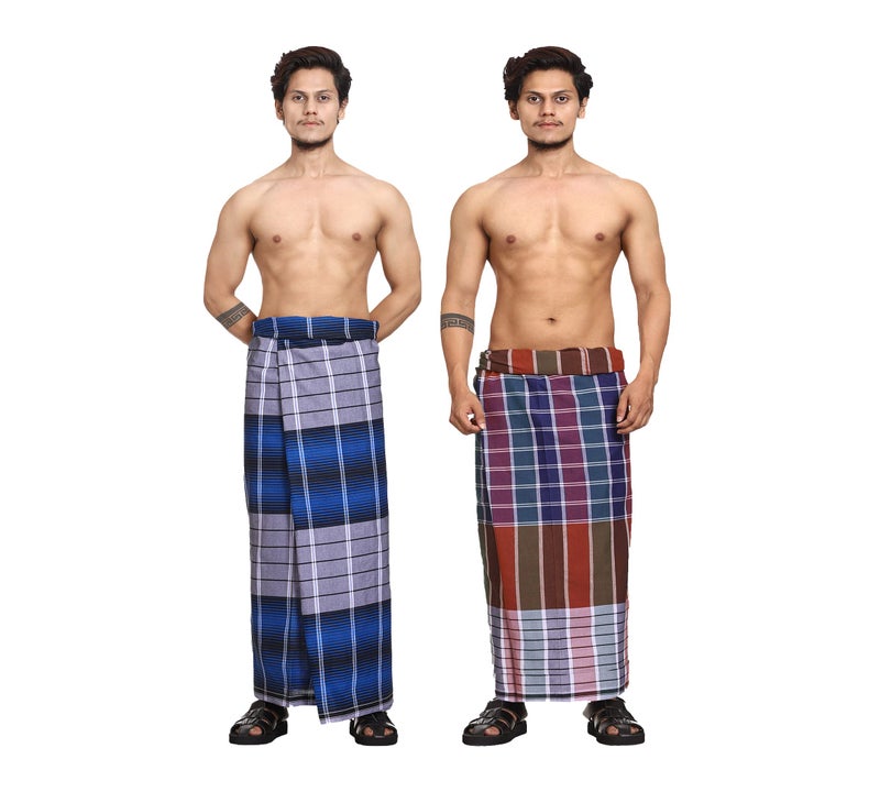 Gowri Tex Cotton Stitched Lungi Pack Of 2 (Ready To Wear) 2.25Meter (Dark Blue-New Red) - Image 1