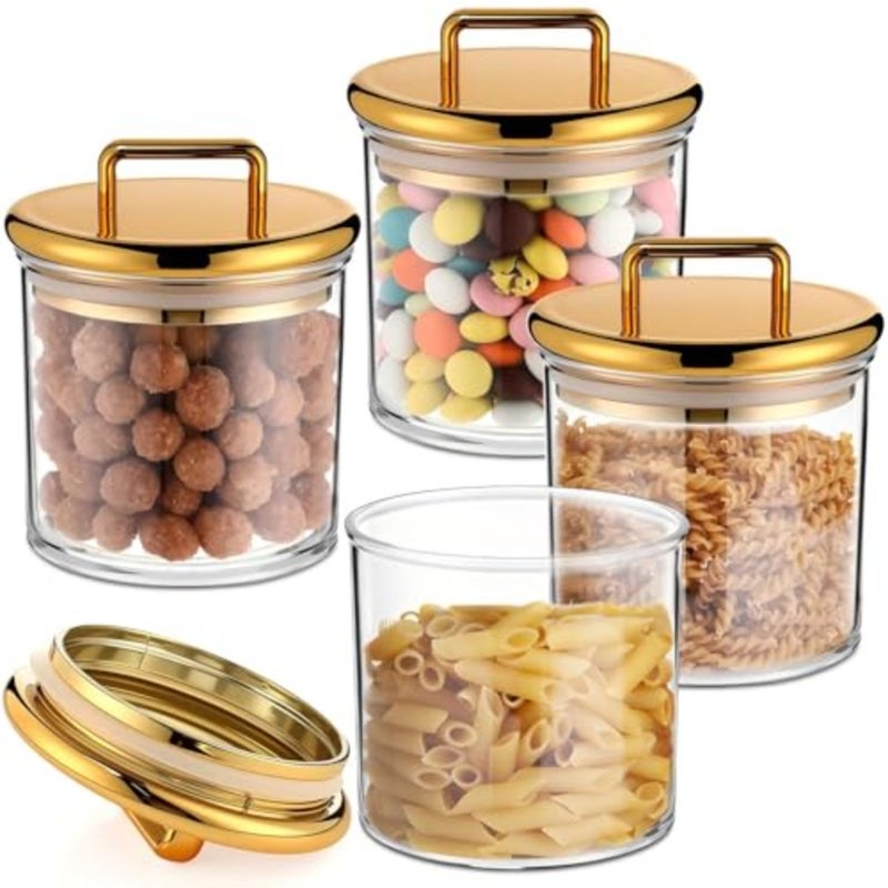 4 Pack Clear Storage Jars with Gold Airtight Lids 16 oz Bathroom Vanity Organizer Containers for Bathroom, Vanity, Kitchen Decorative Small Candy Jar, Cotton Ball Organizer and Home Organization Gold - Image 1