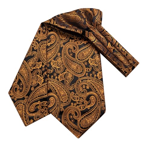 Dubulle Paisley Floral Ascot Tie for Men Self Tie Mens Cravat Tie and Pocket Square Cufflinks Wedding,Black and Gold - Image 5