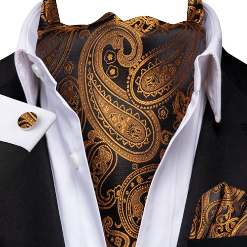 Dubulle Paisley Floral Ascot Tie for Men Self Tie Mens Cravat Tie and Pocket Square Cufflinks Wedding,Black and Gold - Image 2