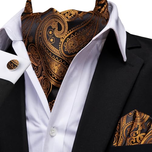 Dubulle Paisley Floral Ascot Tie for Men Self Tie Mens Cravat Tie and Pocket Square Cufflinks Wedding,Black and Gold - Image 3