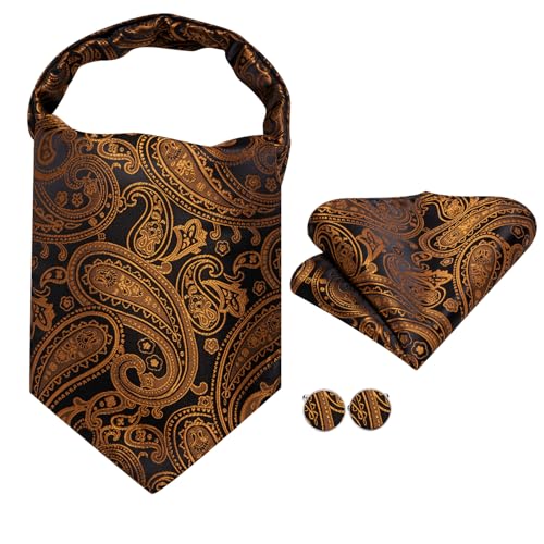 Dubulle Paisley Floral Ascot Tie for Men Self Tie Mens Cravat Tie and Pocket Square Cufflinks Wedding,Black and Gold - Image 4