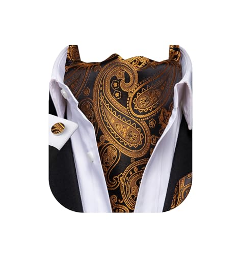 Dubulle Paisley Floral Ascot Tie for Men Self Tie Mens Cravat Tie and Pocket Square Cufflinks Wedding,Black and Gold - Image 1