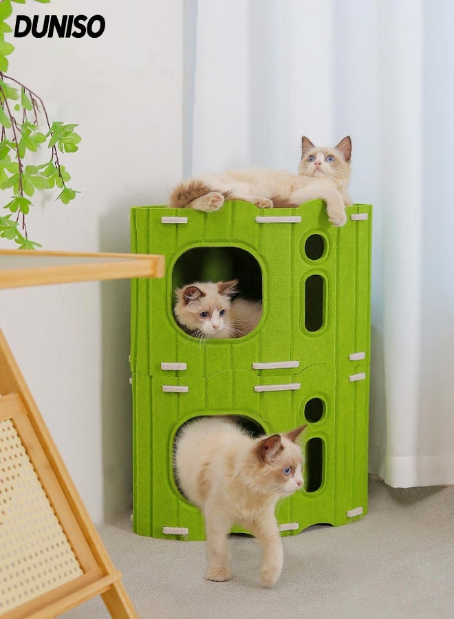 DUNISO Multifunctional Cat House 2 Layer Large Foldable Tower-type Cat Nest Semi-Enclosed Pet Houses with Fluffy Ball Anti-Scratch Detachable Indoor Cats Resting Bed for Indoor Cats Resting for Camping, Garden, Living Room - Image 1