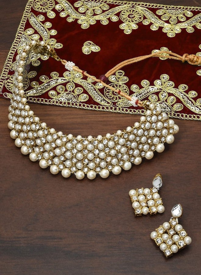 Zaveri Pearls طقم عقد تشوكر من اللؤلؤ والألماس النمساوي اللامع من زافيري بيرلز للنساء - ZPFK8714 - Image 3