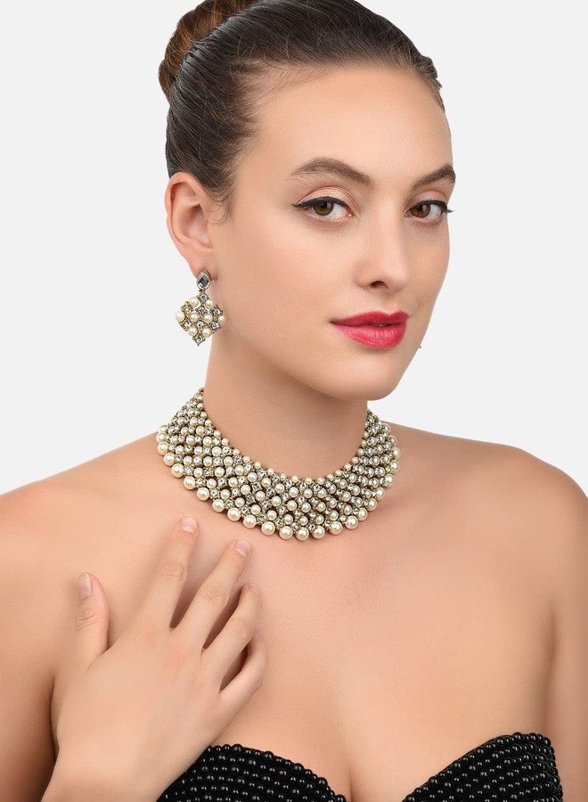 Zaveri Pearls طقم عقد تشوكر من اللؤلؤ والألماس النمساوي اللامع من زافيري بيرلز للنساء - ZPFK8714 - Image 4