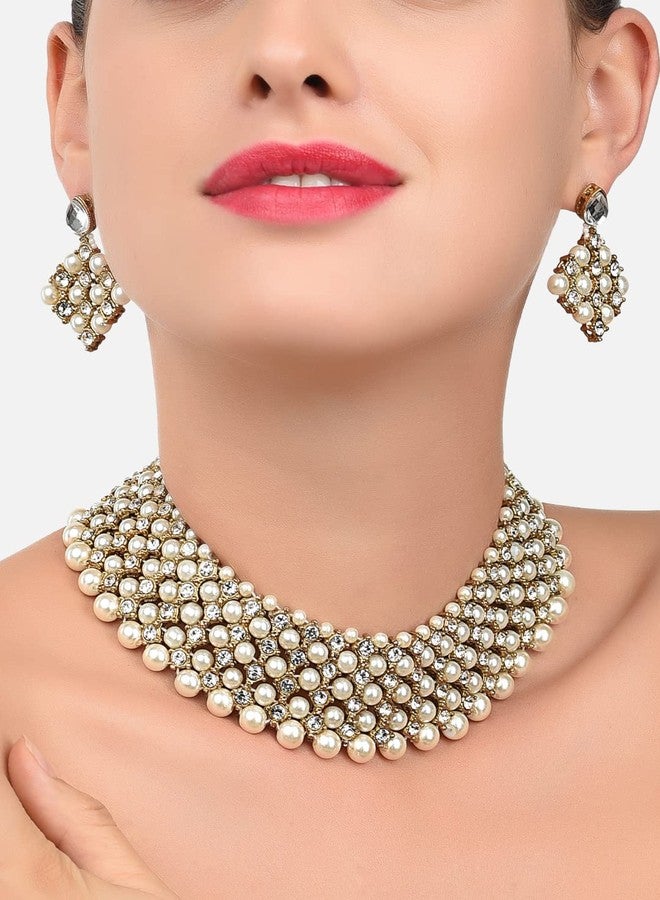 Zaveri Pearls طقم عقد تشوكر من اللؤلؤ والألماس النمساوي اللامع من زافيري بيرلز للنساء - ZPFK8714 - Image 2