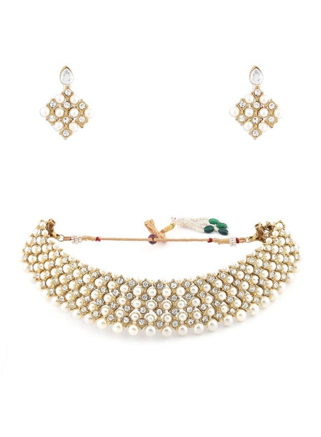 Zaveri Pearls طقم عقد تشوكر من اللؤلؤ والألماس النمساوي اللامع من زافيري بيرلز للنساء - ZPFK8714 - Image 1