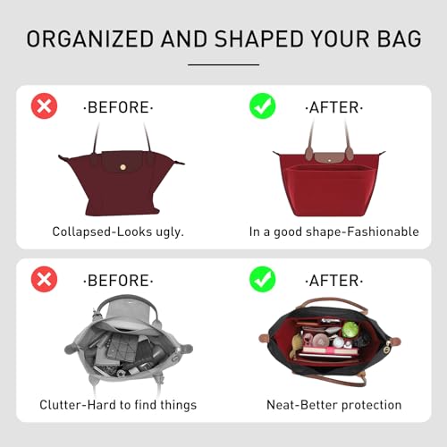 OAikor Felt Purse Organizer Insert Compatible with Longchamp Le Pliage Large and More, Zipper Long Champ Bag Organizer Insert with Cup Holder, 8 Compartments (Wine Red,L) - Image 4
