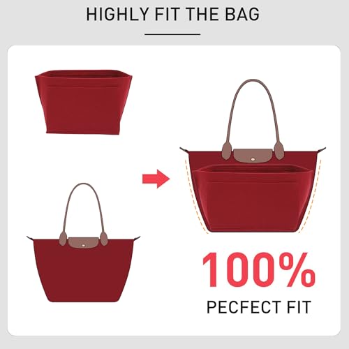 OAikor Felt Purse Organizer Insert Compatible with Longchamp Le Pliage Large and More, Zipper Long Champ Bag Organizer Insert with Cup Holder, 8 Compartments (Wine Red,L) - Image 5