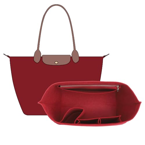 OAikor Felt Purse Organizer Insert Compatible with Longchamp Le Pliage Large and More, Zipper Long Champ Bag Organizer Insert with Cup Holder, 8 Compartments (Wine Red,L) - Image 1