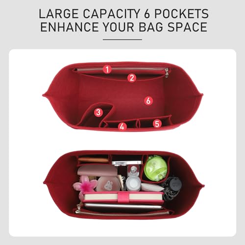 OAikor Felt Purse Organizer Insert Compatible with Longchamp Le Pliage Large and More, Zipper Long Champ Bag Organizer Insert with Cup Holder, 8 Compartments (Wine Red,L) - Image 3