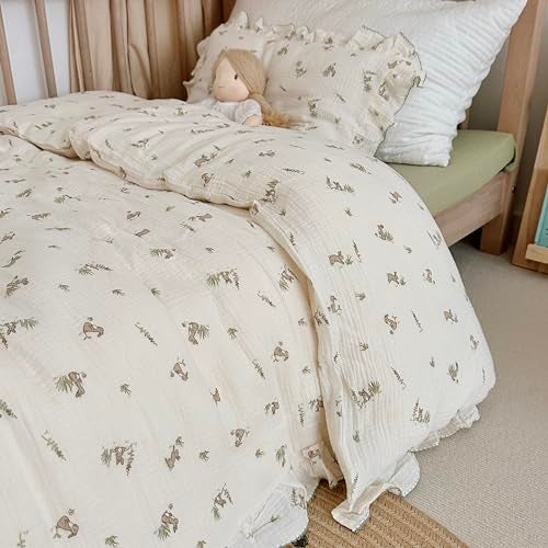 AOJIM Baby Kids Muslin Duvet Cover with Grey Rabbit, 1pc Pure Cotton Kids Bedding Comforter Cover 2-Layer Gauze 47X59'', Ruffled Design Baby Duvet Protector for Girls Boys, No Quilt or Pillowcases - Image 3