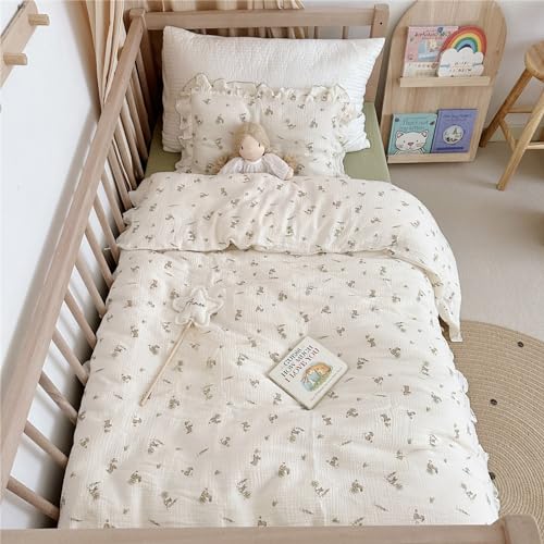 AOJIM Baby Kids Muslin Duvet Cover with Grey Rabbit, 1pc Pure Cotton Kids Bedding Comforter Cover 2-Layer Gauze 47X59'', Ruffled Design Baby Duvet Protector for Girls Boys, No Quilt or Pillowcases - Image 1